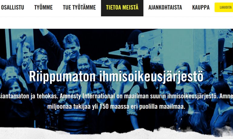 Kuvakaappaus Amnestyn Suomen osaston verkkosivuilta.